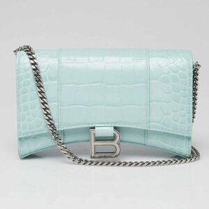 Balenciaga Light Green Croc Embossed Leather Soft Hourglass Wallet On Chain Bag